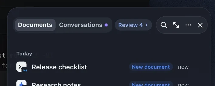 The shelf header switch "Documents | Conversations" with the activity dot