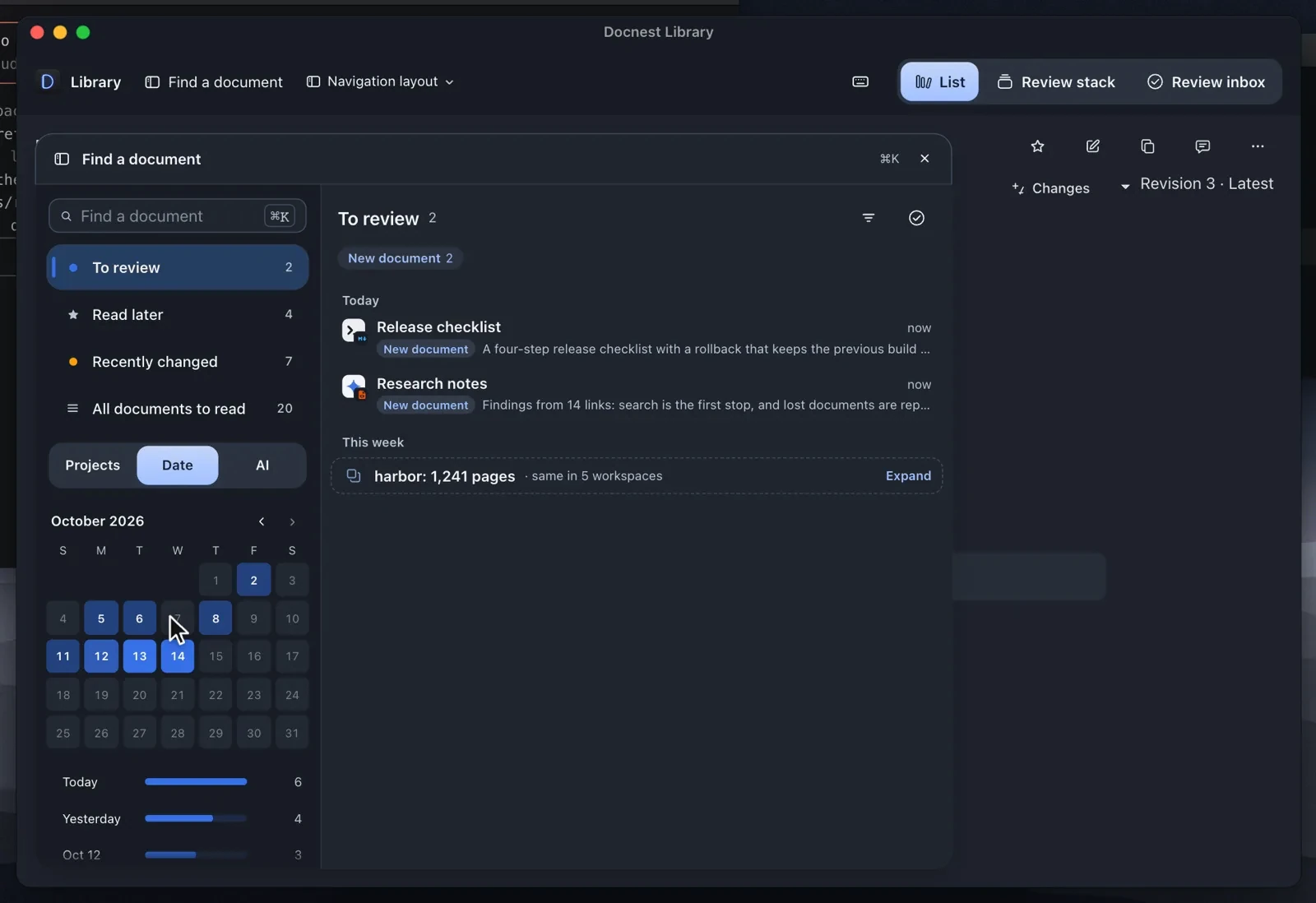 The library window: document on the right, Find a document panel open on the left