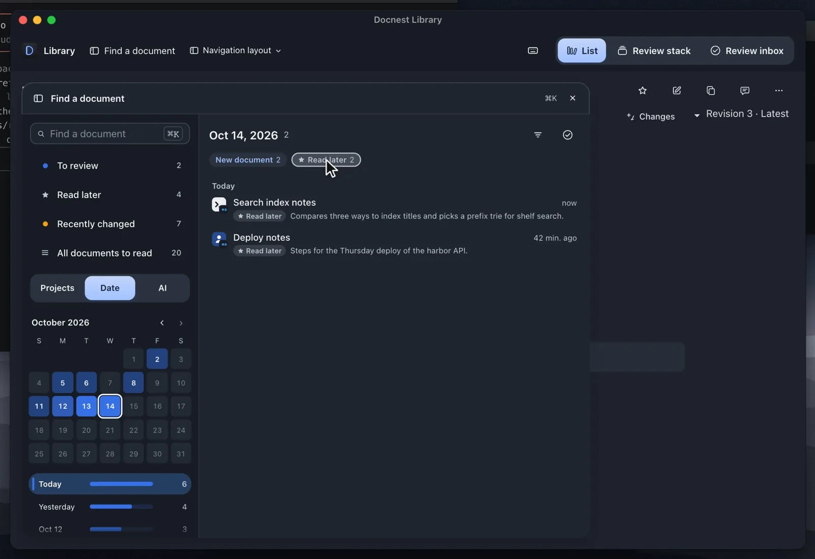 The Projects, Date (capture calendar) and AI tabs